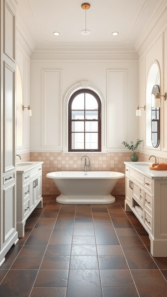 A modern bathroom with brown tile flooring, creamy white cabinetry, and a freestanding tub, illuminated by natural light from a window.