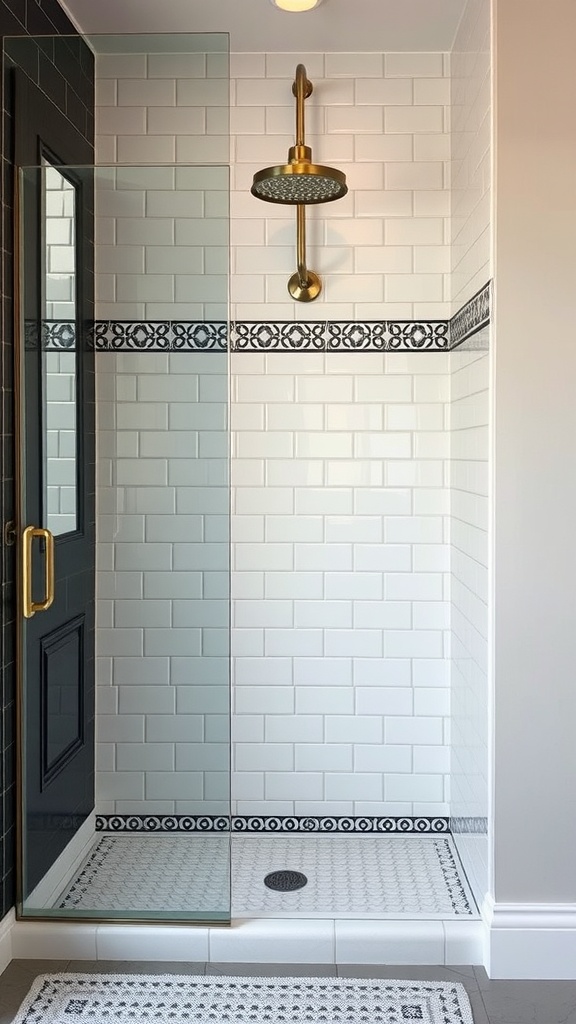 A modern shower featuring white subway tiles with a decorative black and white border tile design.