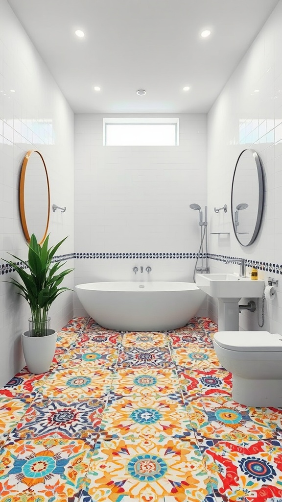 A bathroom featuring vibrant mosaic tile designs on the floor and patterned wall tiles, with modern fixtures.