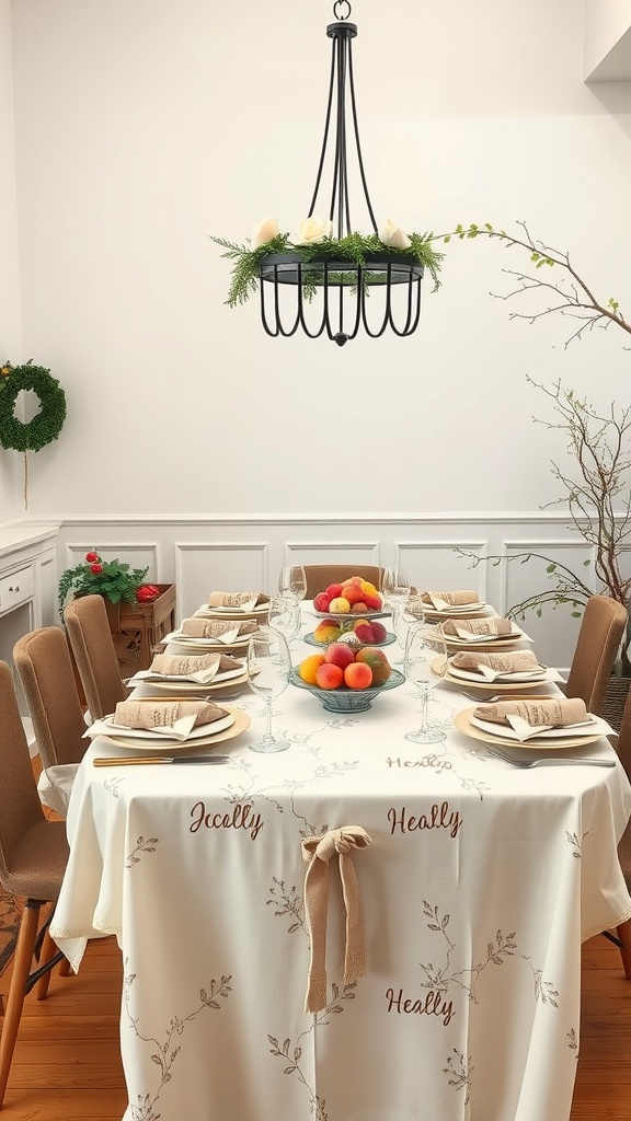 A beautifully set dining room table with a neutral tablecloth, colorful fruit centerpiece, and elegant glassware under a chic chandelier.