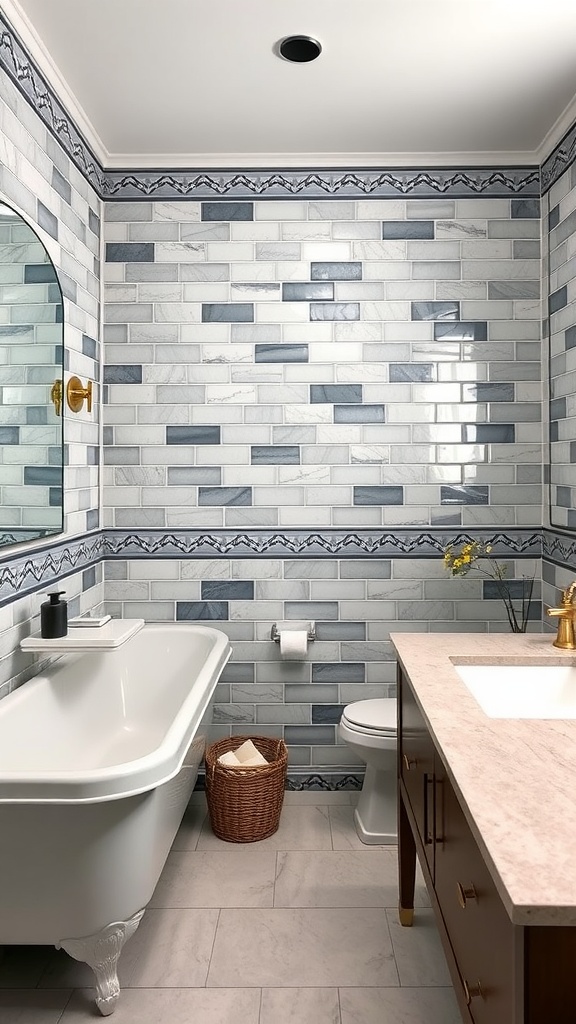 Stylish bathroom with a decorative tile border above white tiles and a bathtub