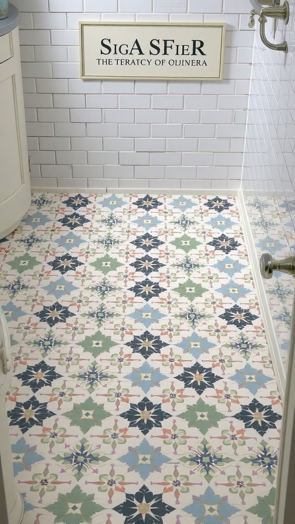 Bathroom floor with custom patterned tiles featuring floral designs in blue, green, and pink colors.