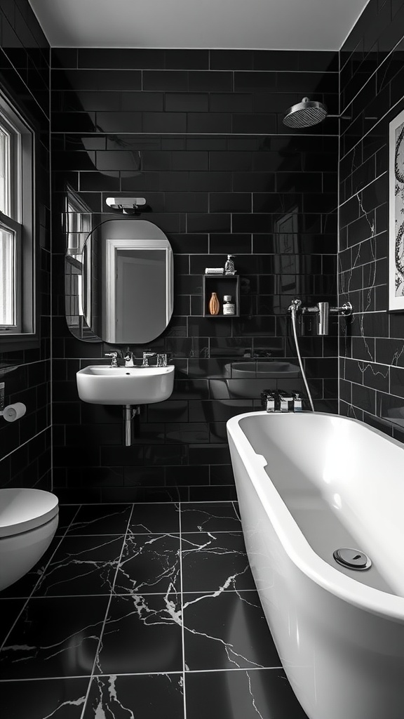 Modern bathroom with dark tiles and contrasting white fixtures