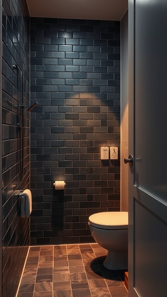 A small bathroom with dark tiles on the walls and floor, creating a cozy and intimate atmosphere.