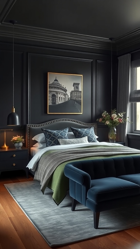 A moody bedroom featuring deep charcoal walls, elegant bedding, and stylish decor.