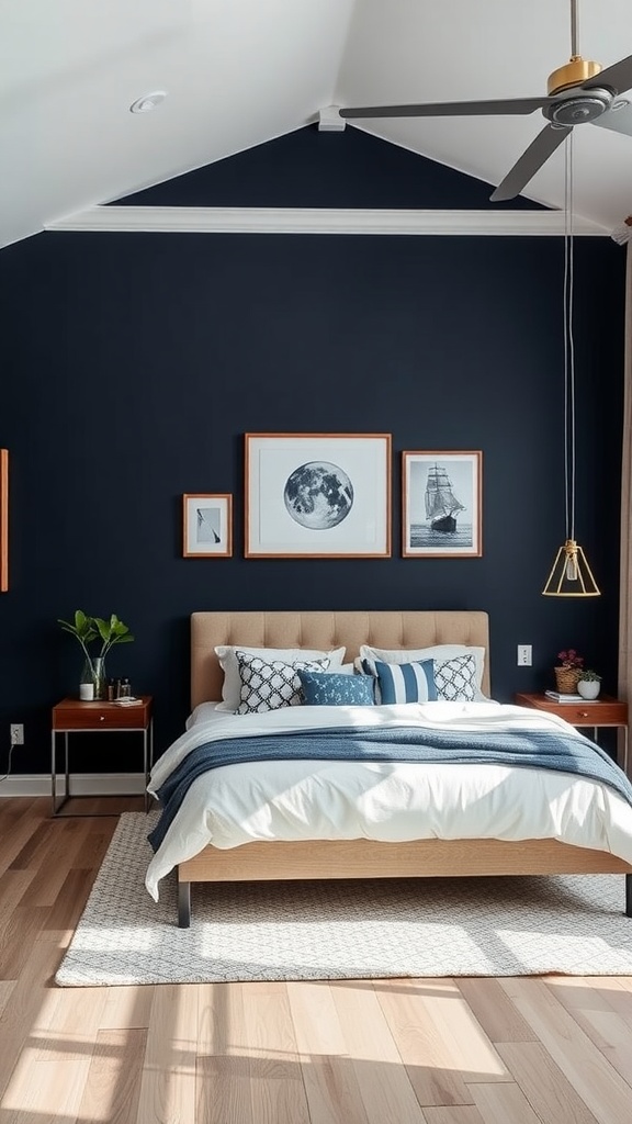 A modern bedroom featuring a deep navy blue accent wall, light-colored furniture, and nautical-themed artwork