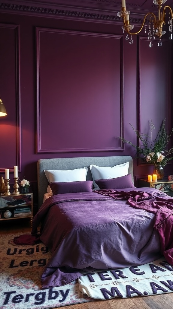 A cozy bedroom featuring deep plum walls, a bed with matching purple bedding, and elegant decor.