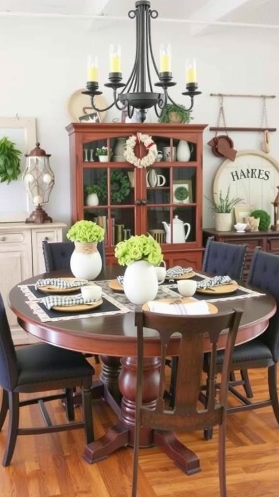 Cozy farmhouse dining room with a round table, black chairs, and a stylish chandelier.