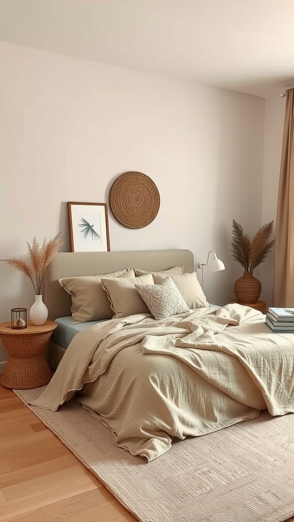 A minimalist bedroom with dusty beige walls, warm undertones, soft bedding, and natural decor.