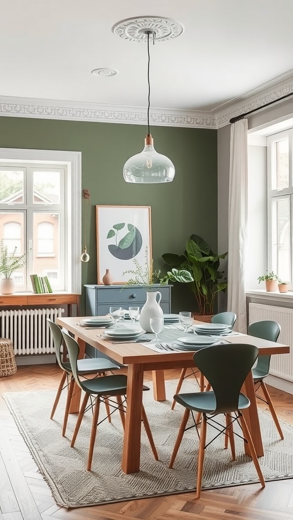 A cozy dining room featuring earthy tones in decor and furniture