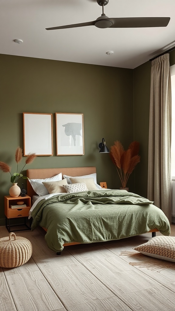 A stylish bedroom featuring earthy olive green walls, soft bedding, and natural decor elements.