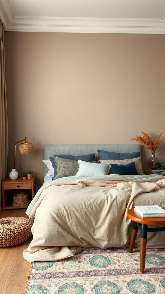 A cozy bedroom featuring earthy taupe walls, beige bedding, and decorative pillows.