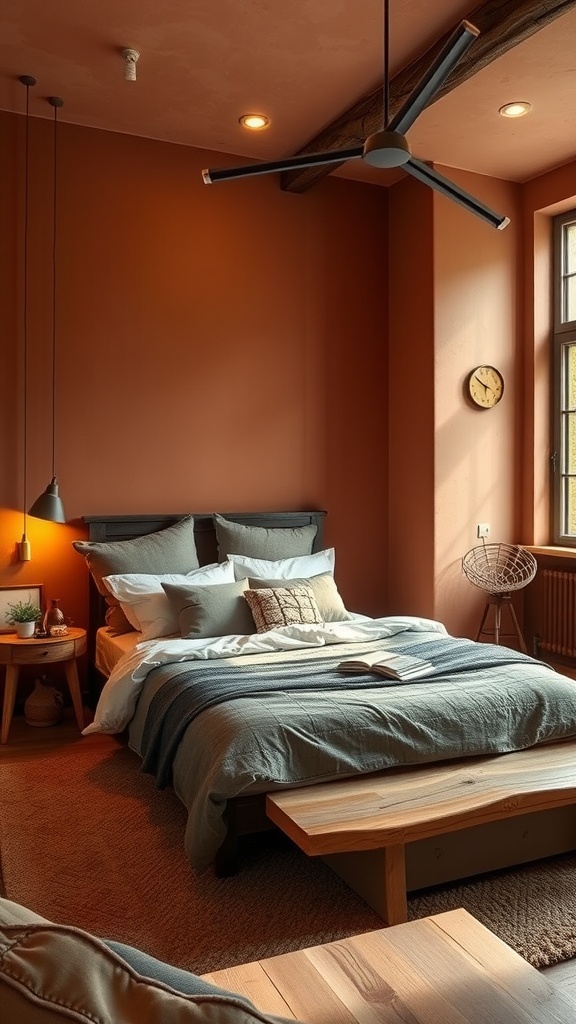 A cozy bedroom featuring earthy terracotta walls, a wooden bed frame, and soft bedding.