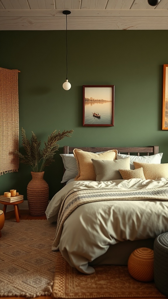 A serene bedroom featuring earthy tones with a deep green wall, beige bedding, and natural decor.