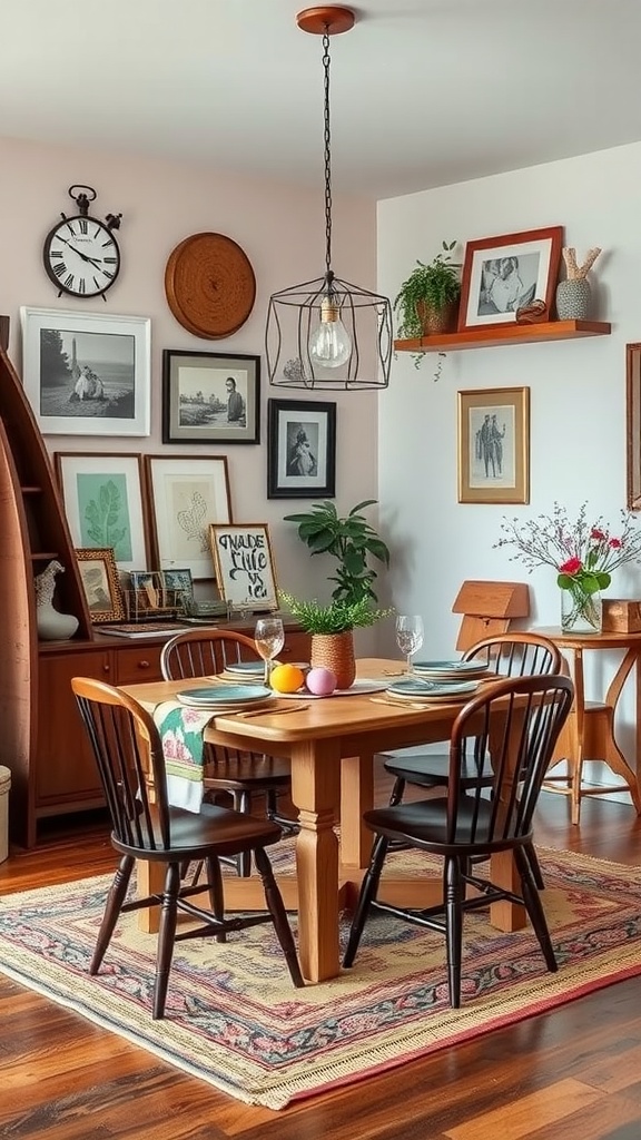 Cozy farmhouse dining room with eclectic decor, wooden table, and mixed wall art.