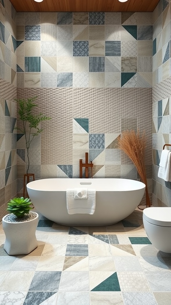 A modern bathroom featuring eco-friendly recycled tiles with a soothing color palette.