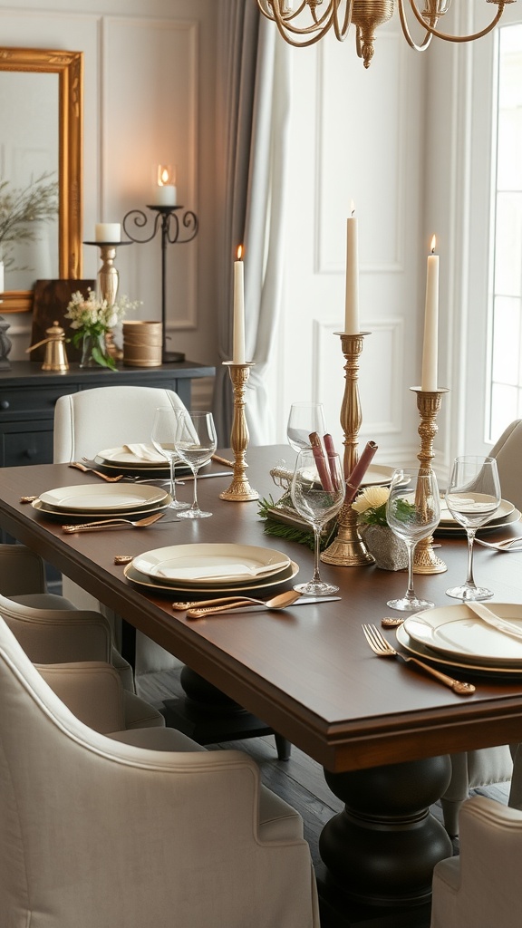 Elegant dining room table with candlestick arrangements and neutral decorations