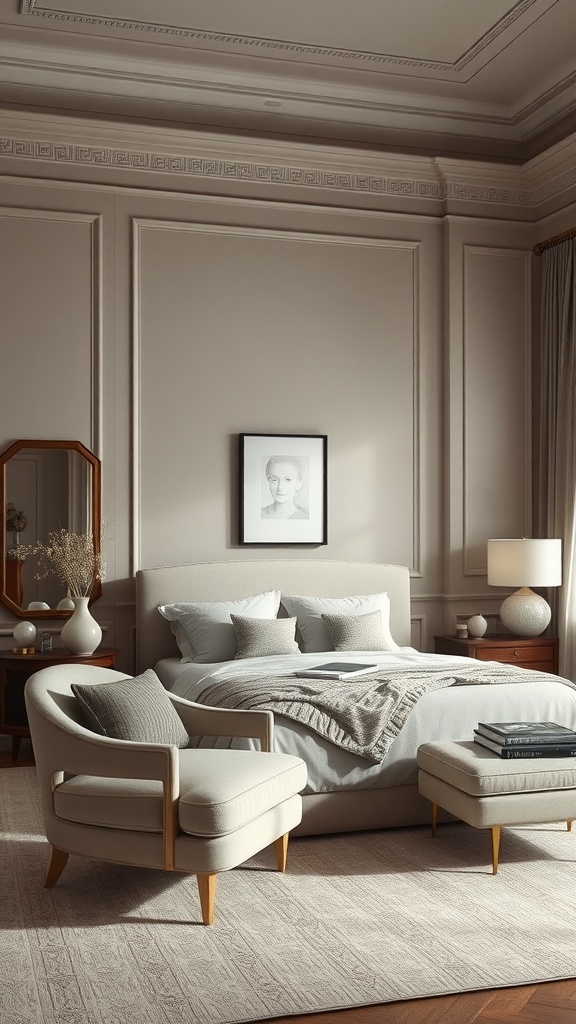 A modern bedroom featuring elegant grayish beige walls, stylish furniture, and soft lighting.