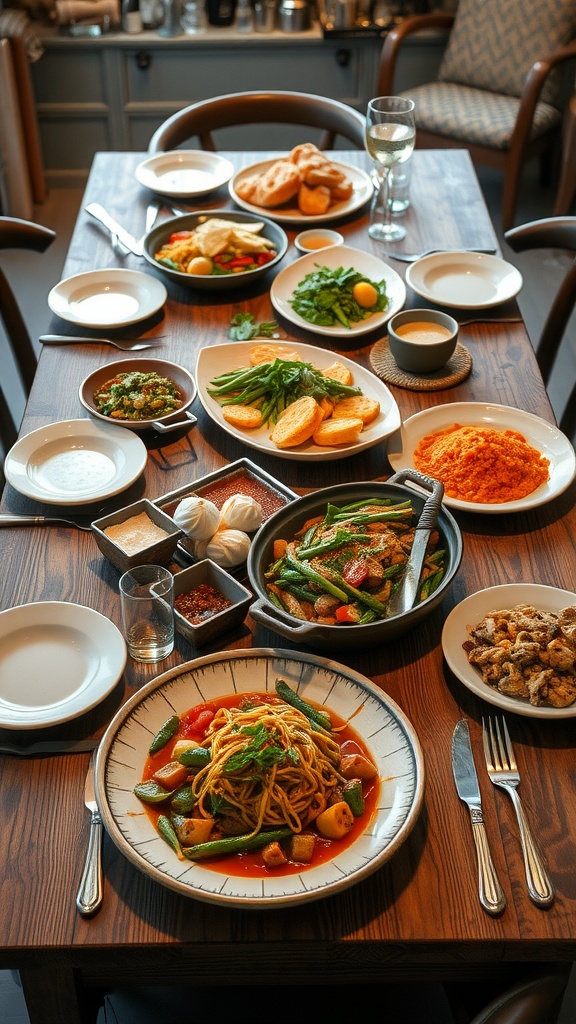 A cozy farmhouse dining table set with various dishes, highlighting family-style dining.