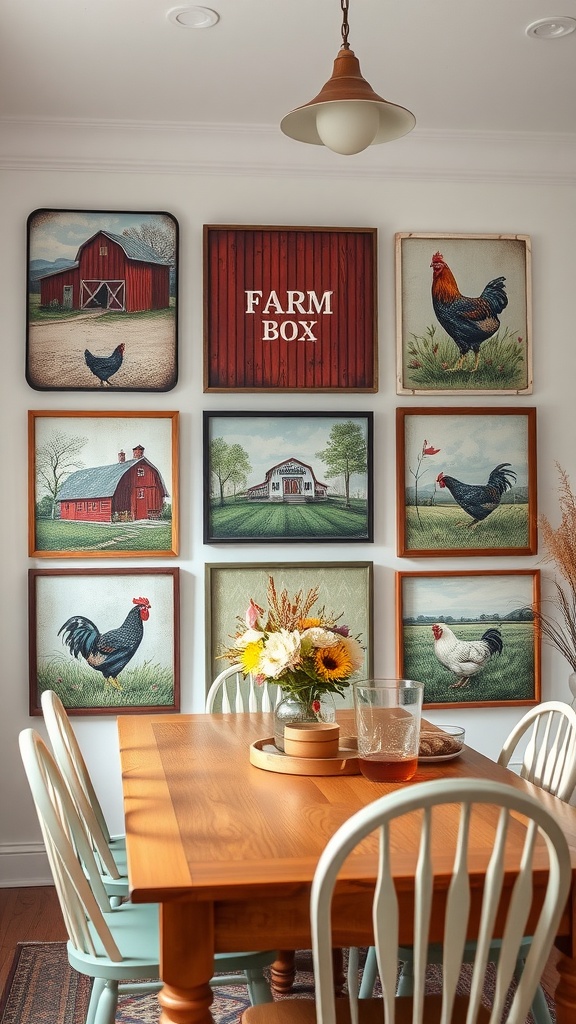 A cozy dining room featuring a wood table and a wall adorned with farm-inspired art, including roosters and barns.