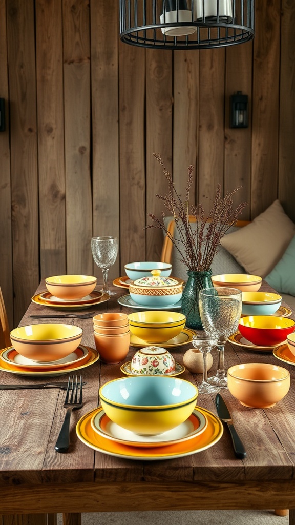 Colorful farmhouse-style tableware arranged on a wooden dining table.