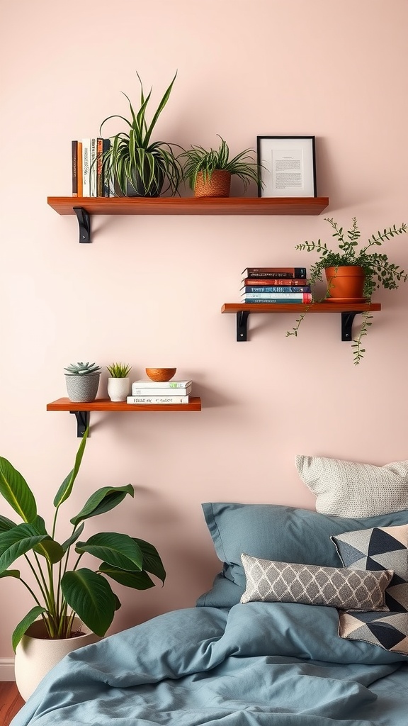 A cozy bedroom with floating shelves displaying books and plants above a neatly made bed.