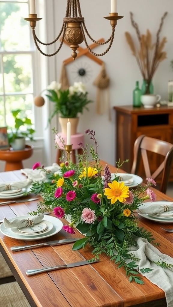 Cozy farmhouse dining room with floral accents and greenery.