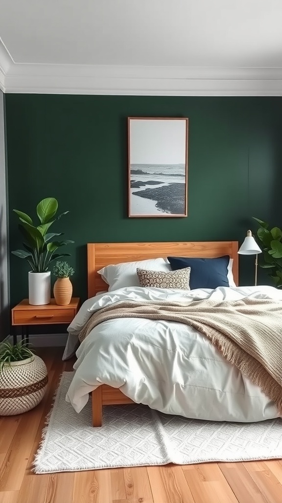 A cozy bedroom featuring forest green walls, light bedding, and natural wood furniture, creating a serene and inviting atmosphere.