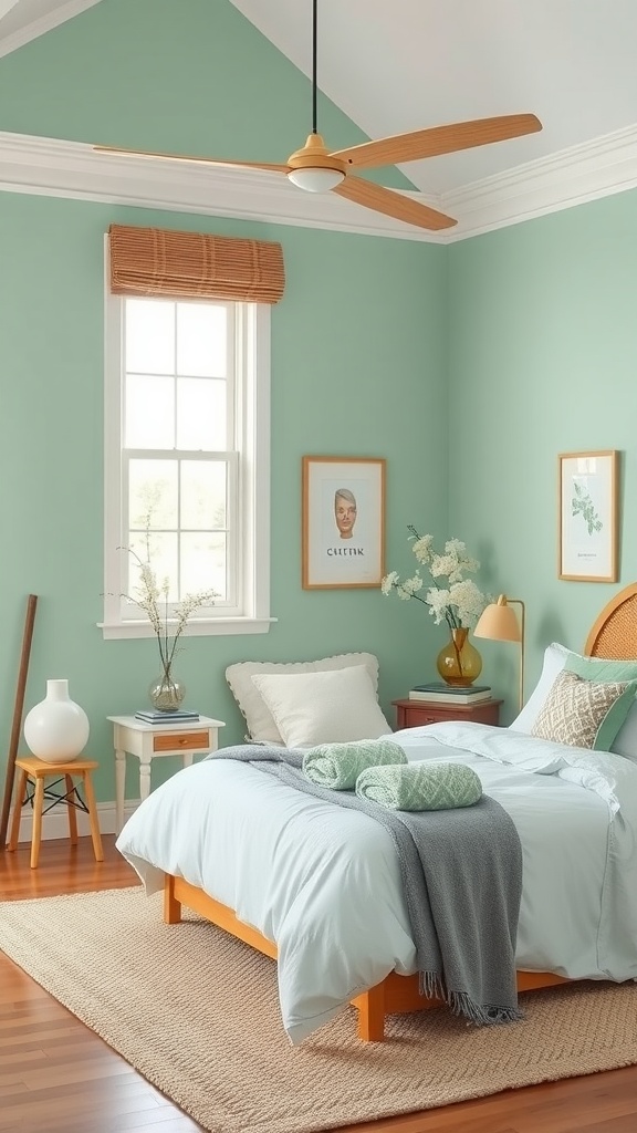 A stylish bedroom featuring mint green walls, natural wood accents, and soft textiles, creating a tranquil atmosphere.