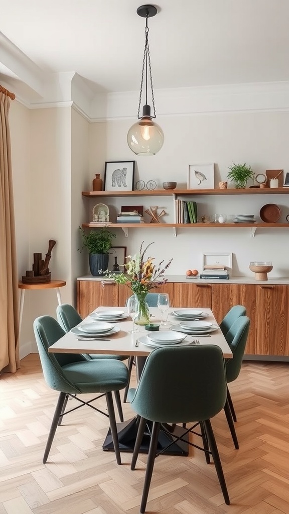 A Scandinavian inspired dining room with wooden furniture, open shelving, and decorative items.