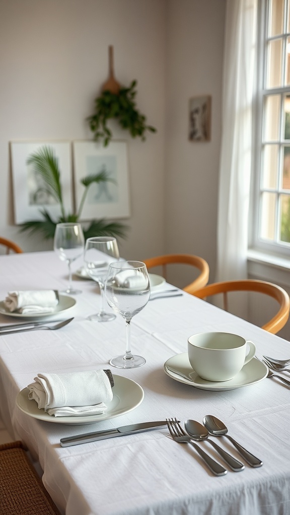 A beautifully set dining table with plates, glasses, and napkins, showcasing Scandinavian design elements.