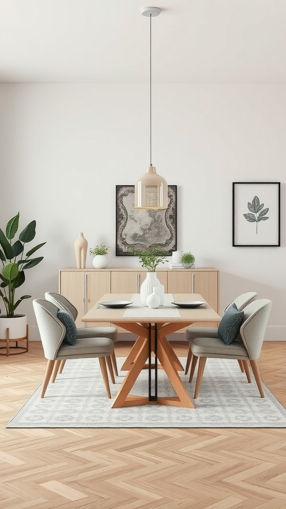 A bright, neutral dining room featuring a wooden table, stylish chairs, and modern decor elements.