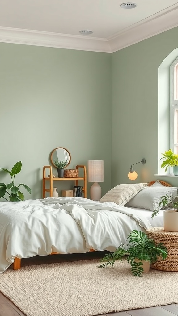 A calming bedroom with gentle green walls, cozy white bedding, and natural plants.