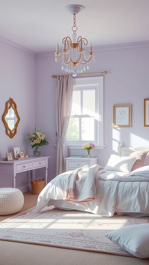 A bedroom painted in gentle lavender shades with elegant decor, including a chandelier and soft furnishings.