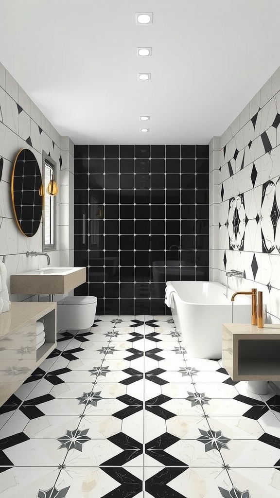 A modern bathroom featuring black and white geometric patterned floor tiles with a bathtub and sink.