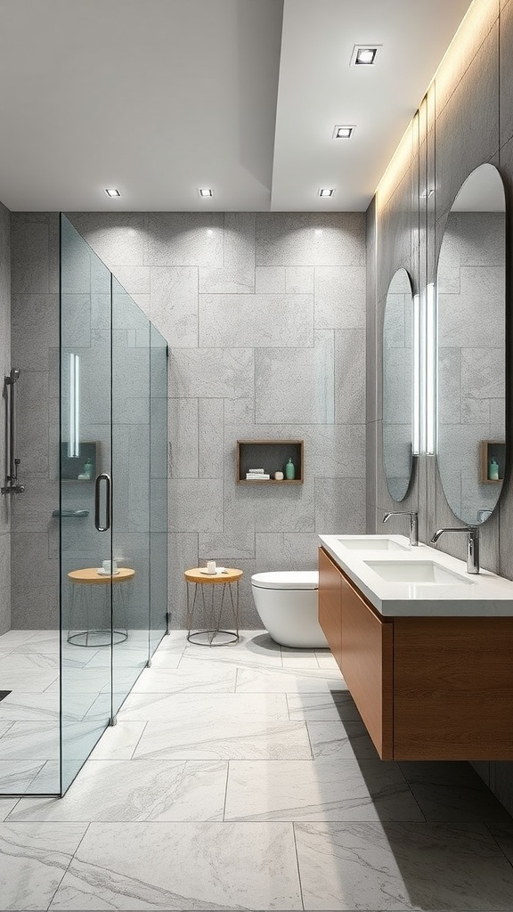 A modern bathroom featuring a glass shower enclosure and stone tiles in earthy tones.