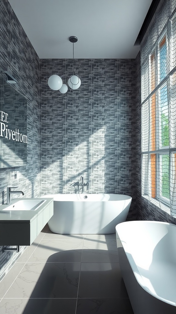 A modern bathroom featuring glass tiles and a sleek design