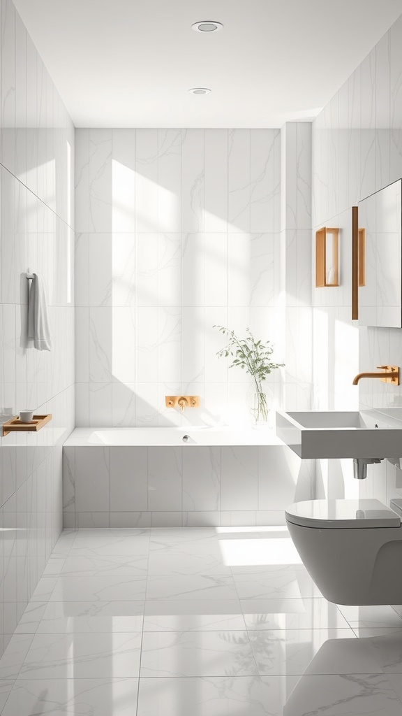 Bright bathroom with glossy white tiles reflecting light, featuring a bathtub and modern fixtures.