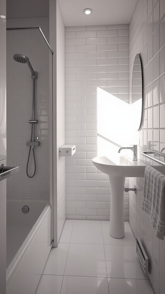 A small bathroom featuring glossy finish tiles, a modern sink, and a shower area with natural light