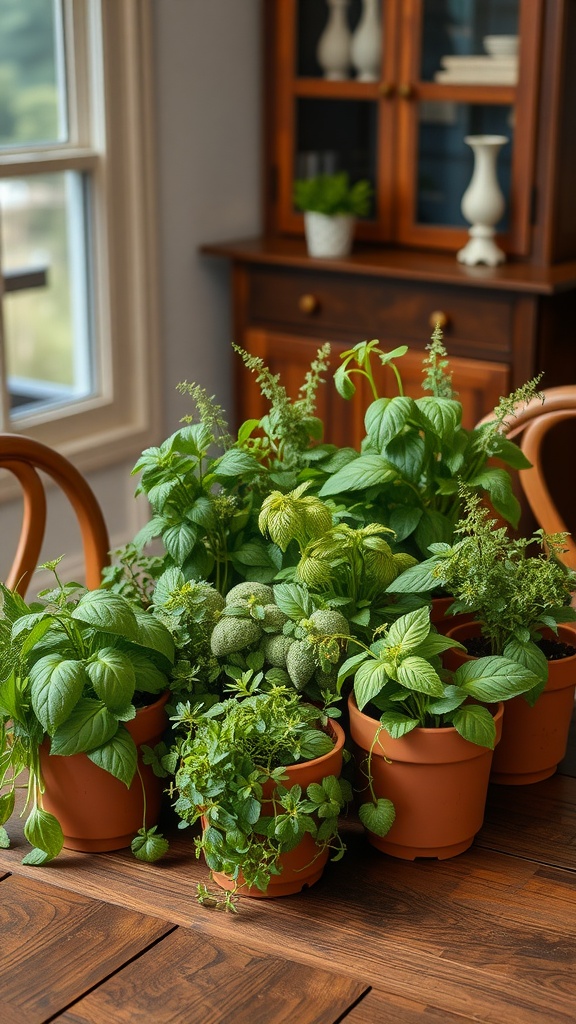 A collection of potted herbs arranged as a centerpiece on a wooden dining table.