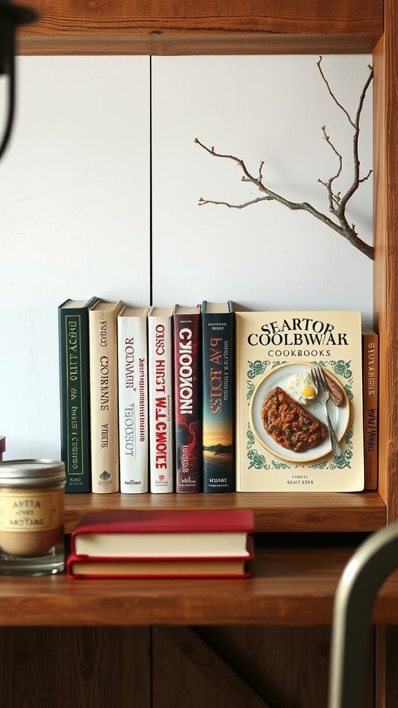 A shelf displaying a collection of heritage-inspired cookbooks with a rustic background.