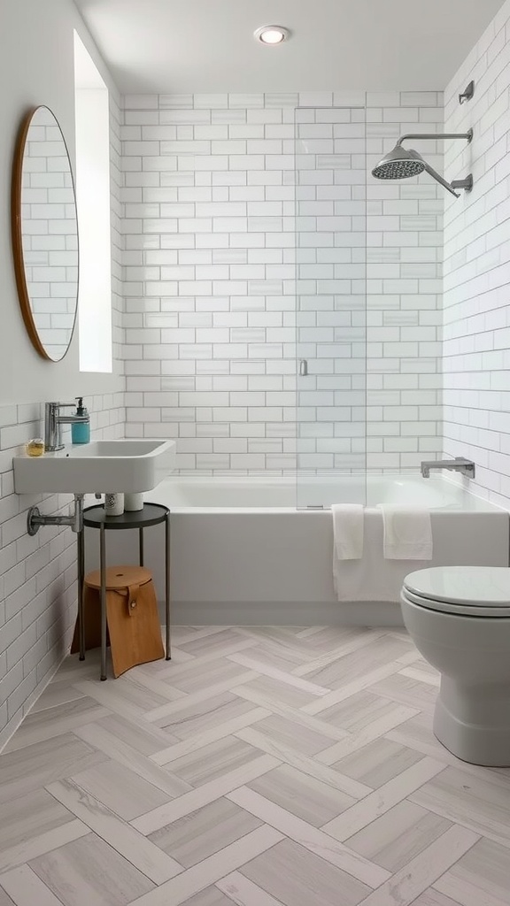 Bathroom with herringbone patterned floor tiles, white cabinets, and subway tiled walls.