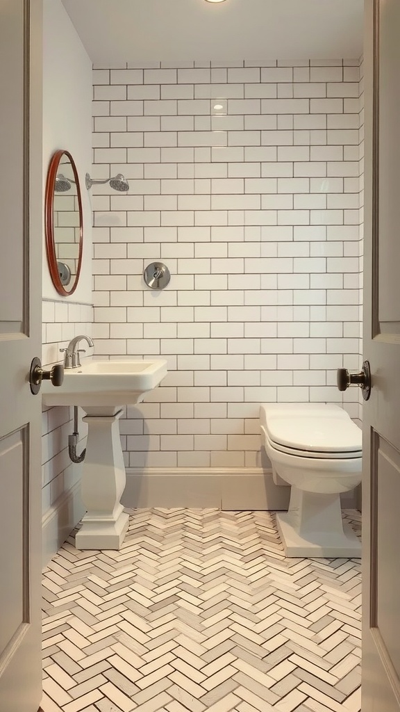 Small bathroom featuring herringbone floor tiles and white subway wall tiles.