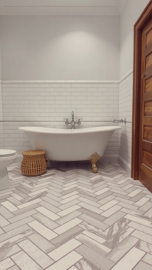 Luxury bathroom featuring herringbone tile layout on the floor with a freestanding bathtub and white subway tiles on the walls.