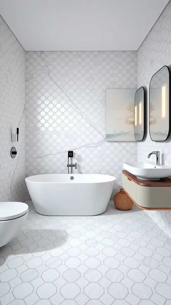 A modern bathroom featuring hexagon floor tiles, white walls, a freestanding bathtub, and dual mirrors.