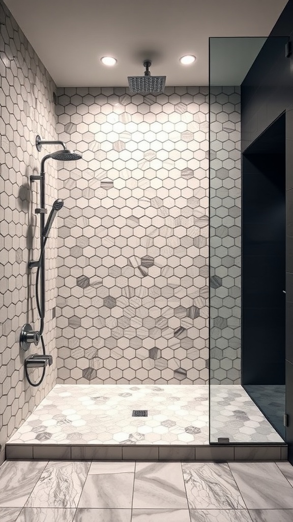 Shower featuring hexagonal tile pattern on the walls and floor.