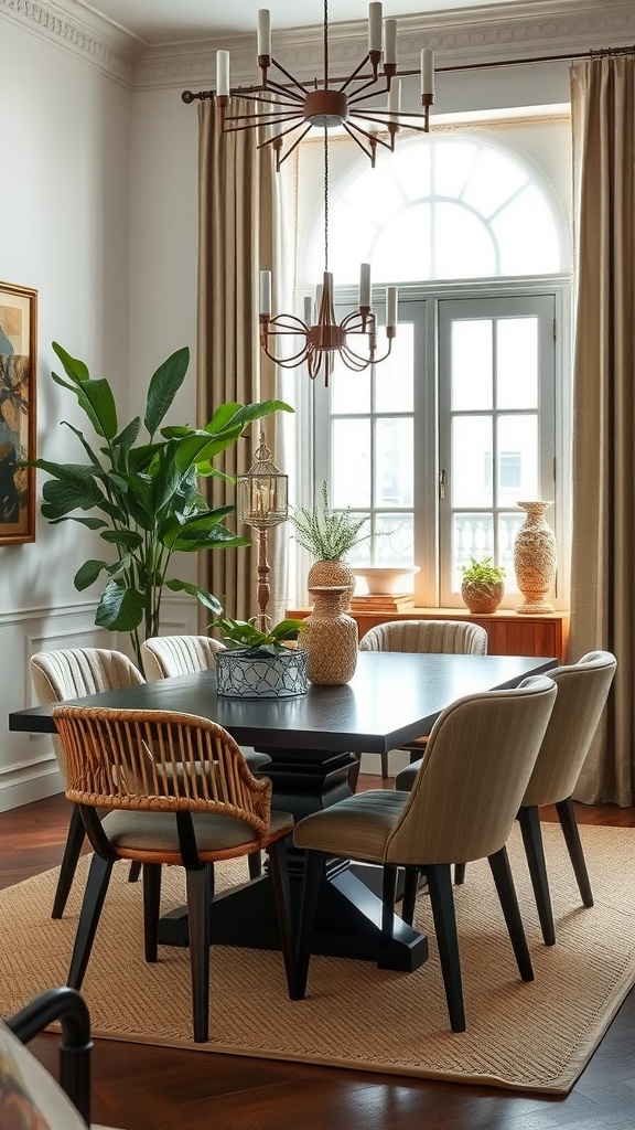 Neutral dining room decorated with various plants and a stylish light fixture.