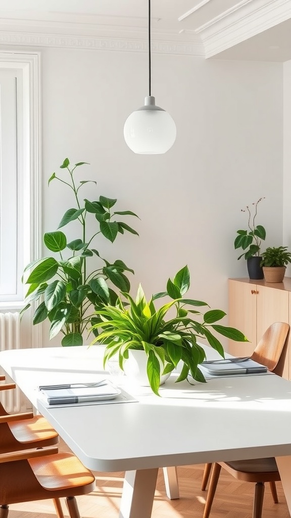 A bright Scandinavian inspired dining room featuring indoor plants.