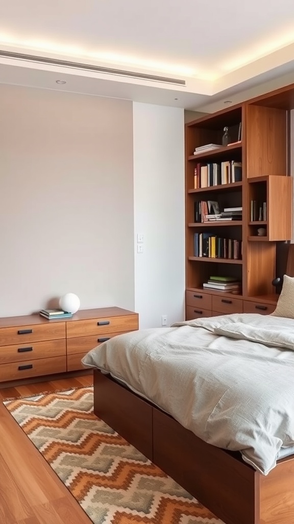 A modern bedroom featuring integrated bookshelves beside the bed, showcasing a spacious and stylish design.