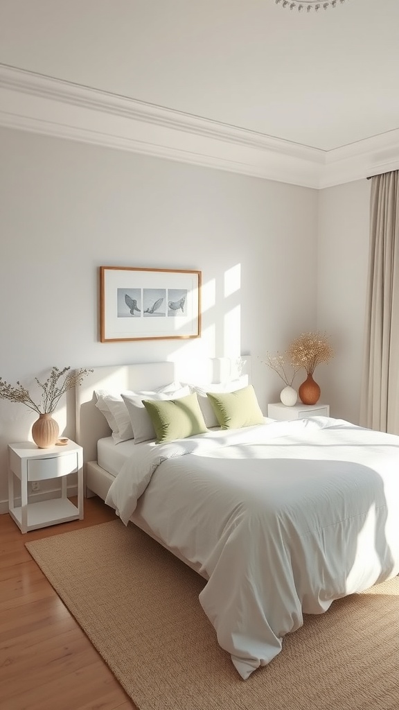 A minimalist bedroom with ivory walls, a cozy white bed, wooden furniture, and a potted plant.